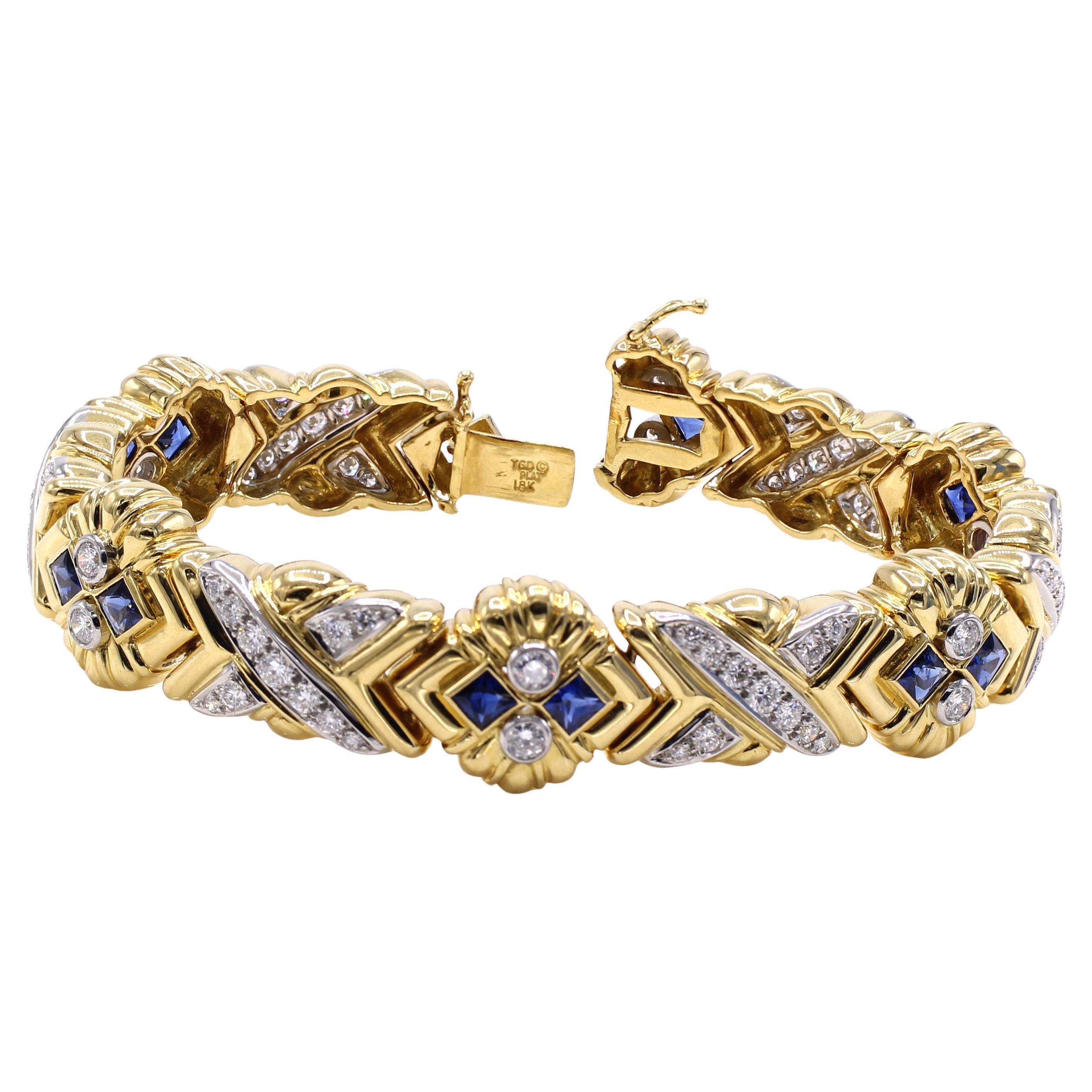 1980s Diamond Sapphire 18 Karat Yellow Gold Bracelet