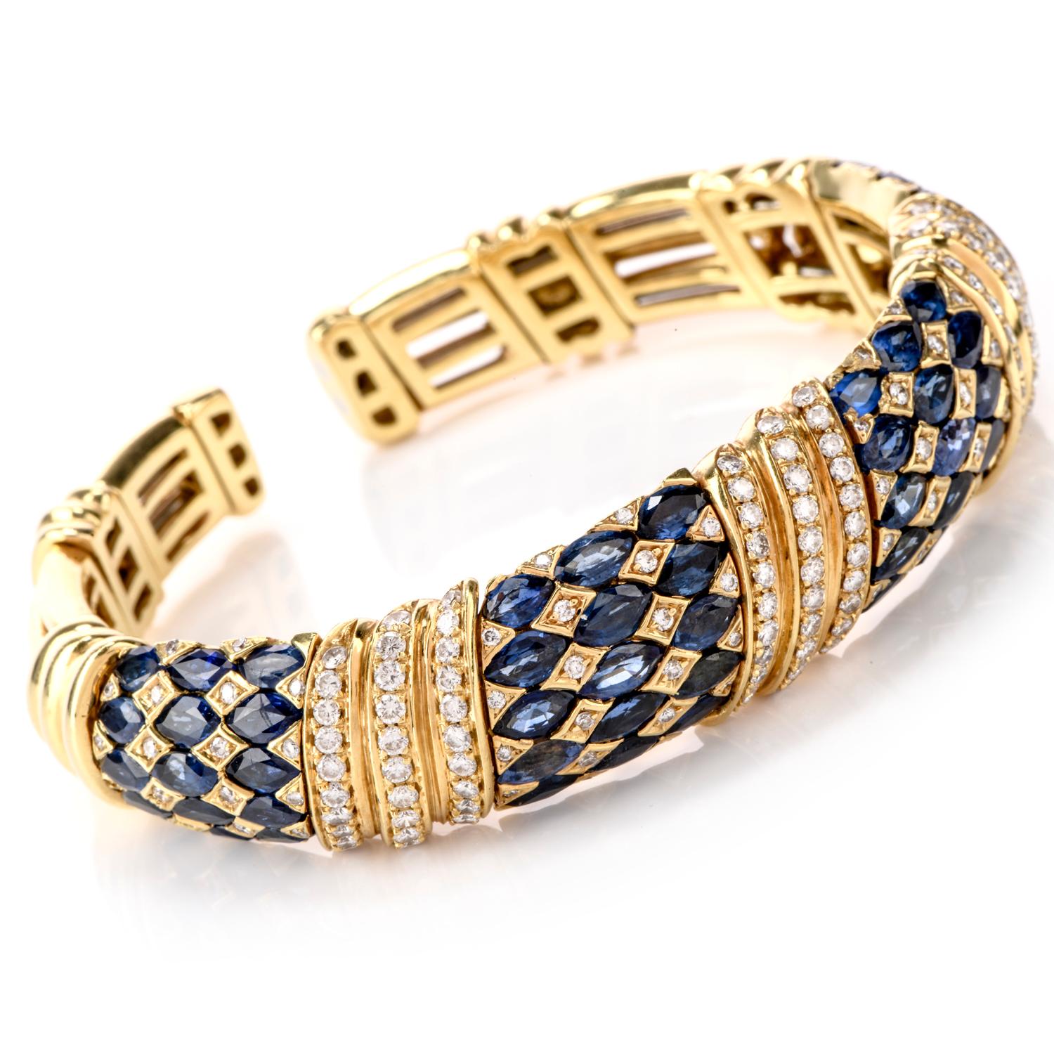 This Regal Diamond and Sapphire bracelet is sure to make

a Statement in any room. Wide throughout and flexible to access, this bracelet has 4 defined links with Jester patterns of  Sapphire and Diamond

and 3 separating links of diagonal prong set