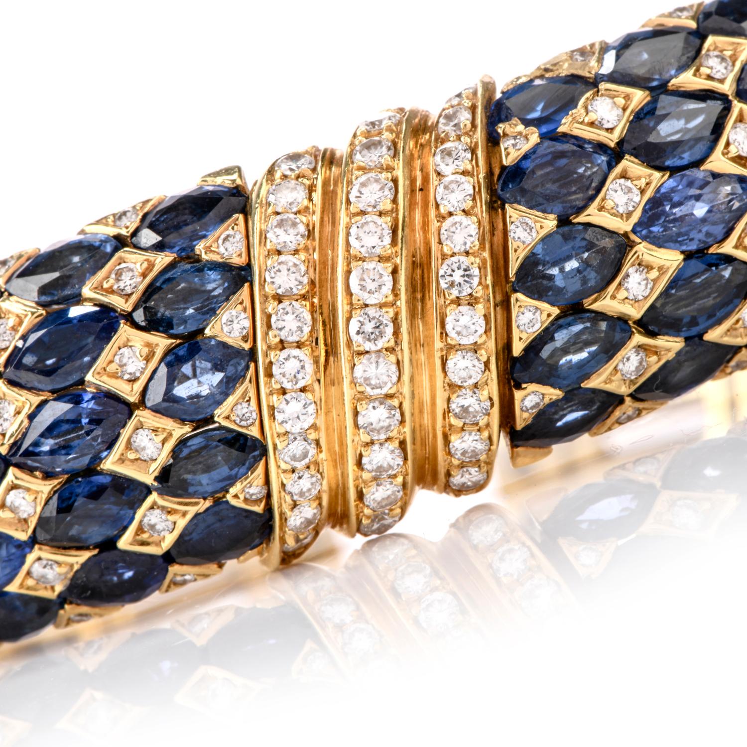 Round Cut 1980s Diamond Sapphire 18 Karat Yellow Gold Cuff Bracelet