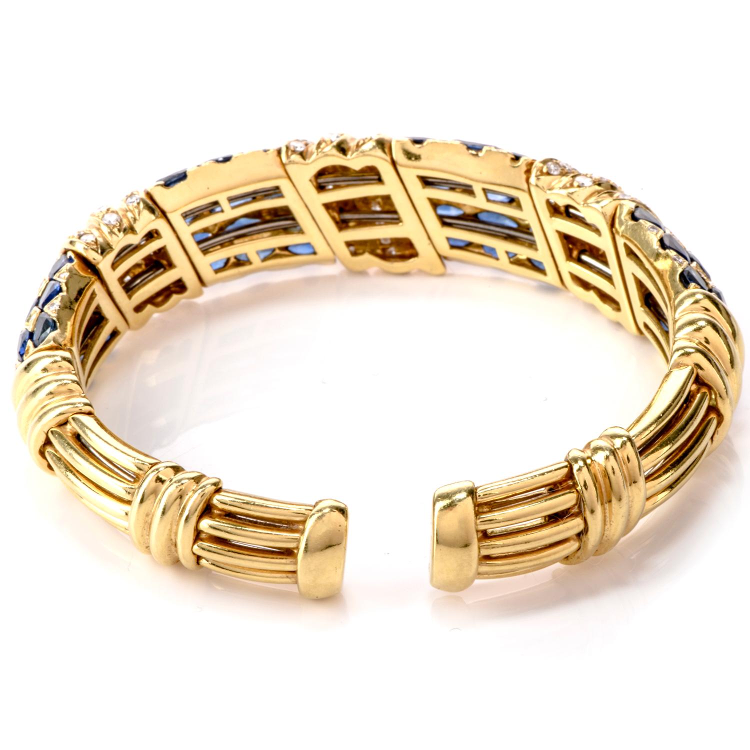 1980s Diamond Sapphire 18 Karat Yellow Gold Cuff Bracelet In Excellent Condition In Miami, FL