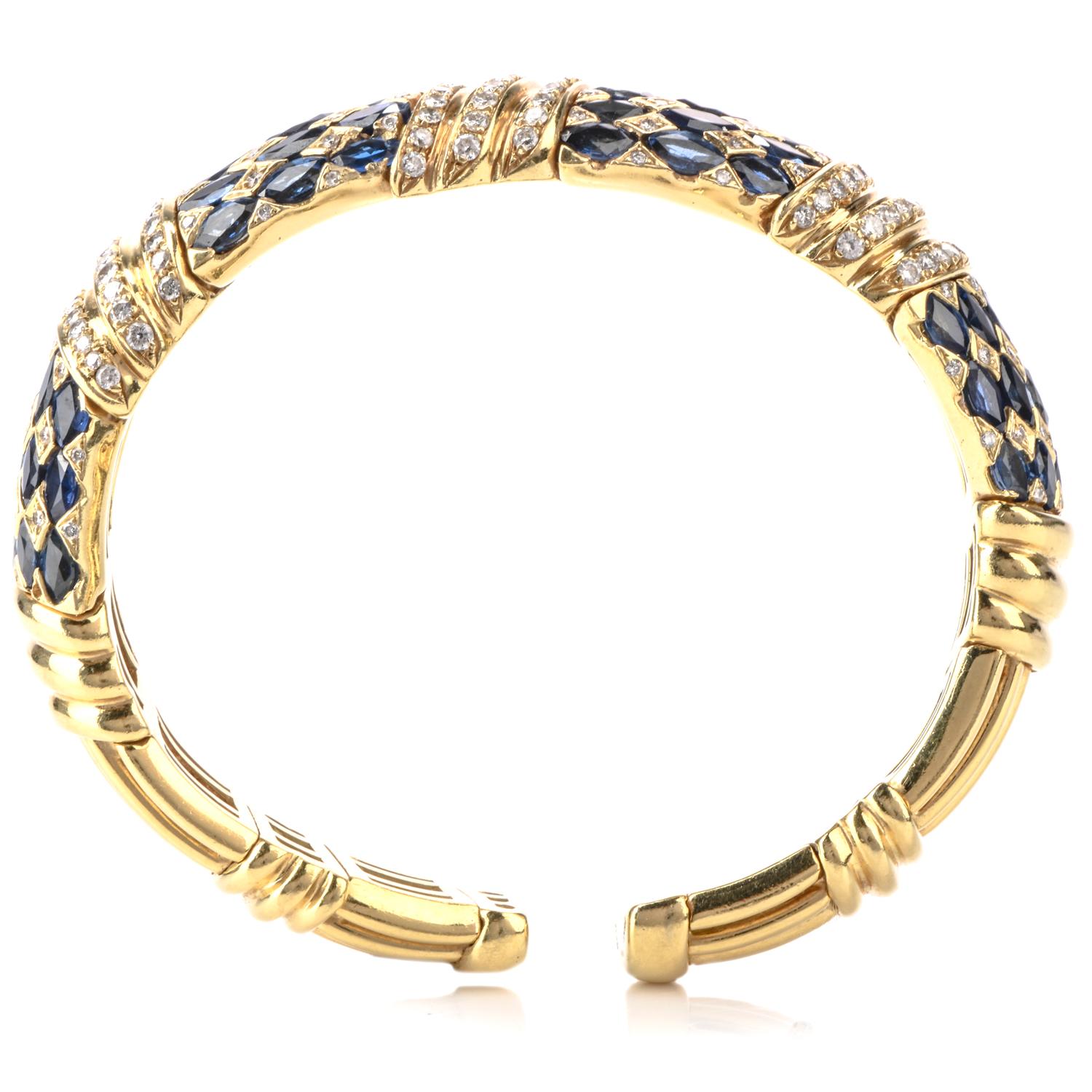 Women's or Men's 1980s Diamond Sapphire 18 Karat Yellow Gold Cuff Bracelet