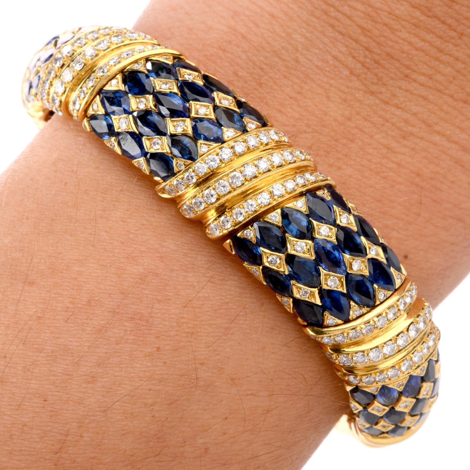 1980s Diamond Sapphire 18 Karat Yellow Gold Cuff Bracelet 1