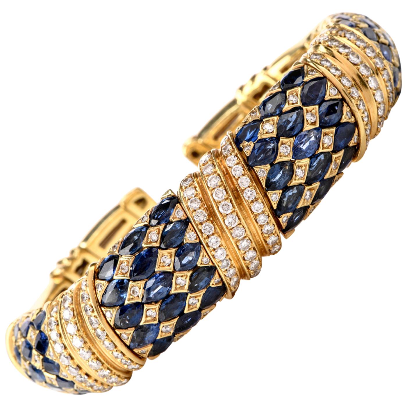 1980s Diamond Sapphire 18 Karat Yellow Gold Cuff Bracelet