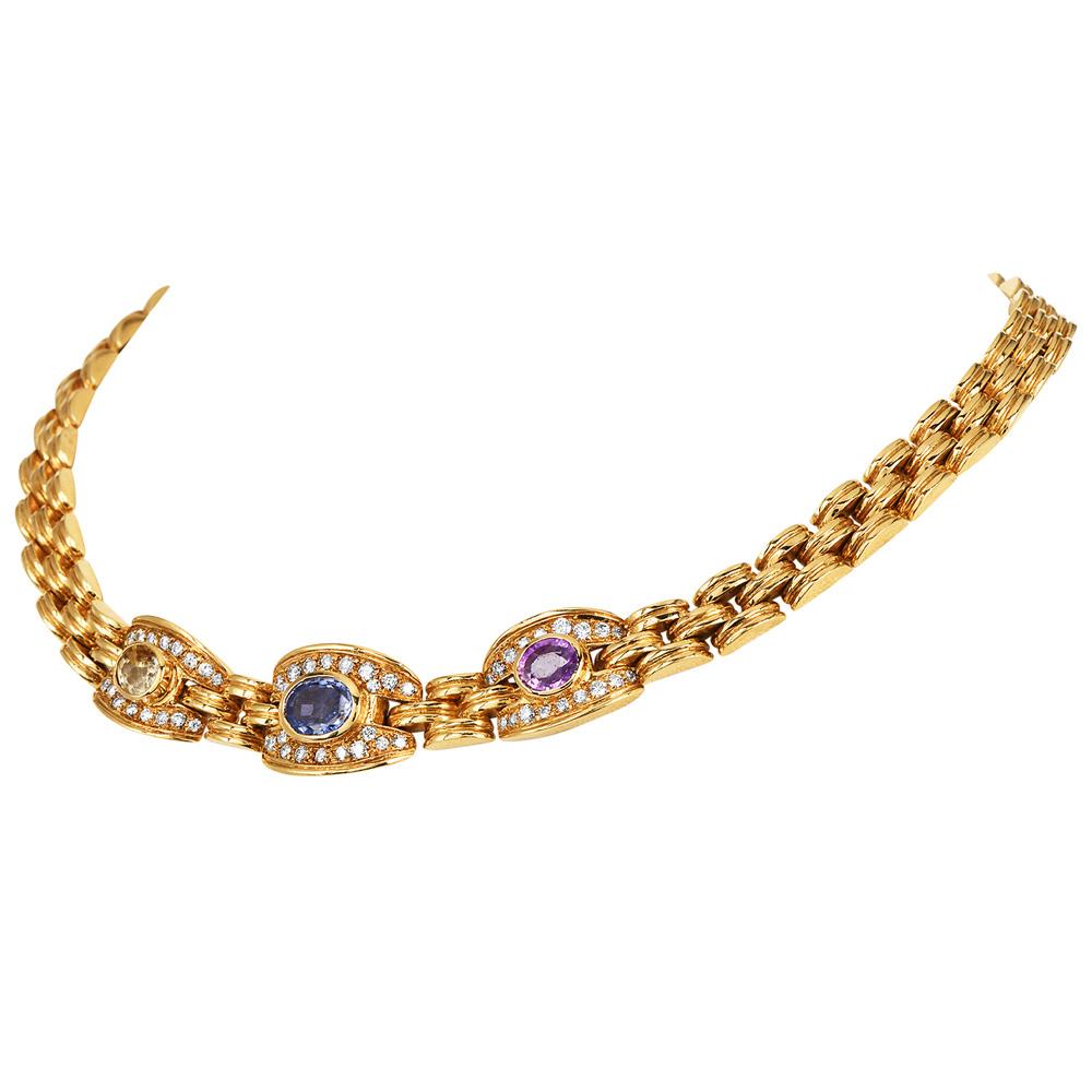 Retro 1980s Diamond Sapphire 18k Gold Choker Necklace For Sale