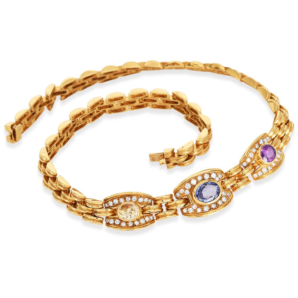 1980s Diamond Sapphire 18k Gold Choker Necklace In Excellent Condition For Sale In Miami, FL