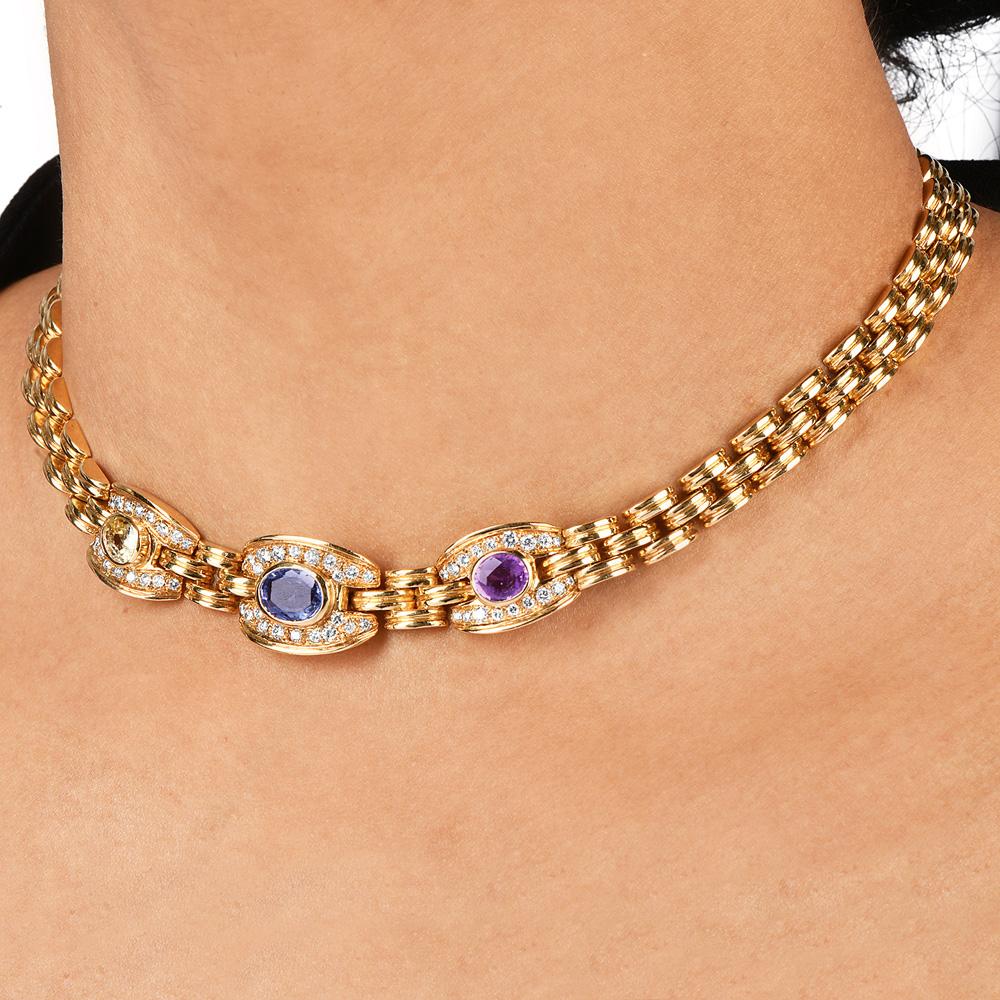 1980s Diamond Sapphire 18k Gold Choker Necklace For Sale 1