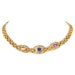 Vintage 1980s Diamond Sapphire 18k Gold Choker Necklace