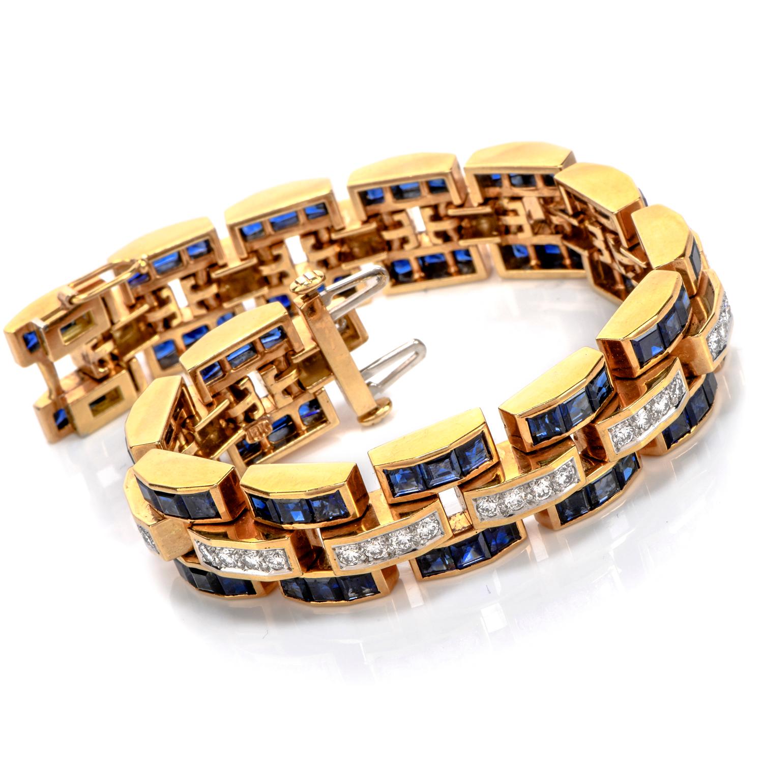  Feel unstoppable and gorgeous with this marvelous Vintage Diamond Sapphire 18K Gold Wide Link Bracelet! 

This bracelet is crafted in 18 karat yellow gold.  There are approximately 56 genuine sparkling diamonds, round cut, pave set, totaling 3.30