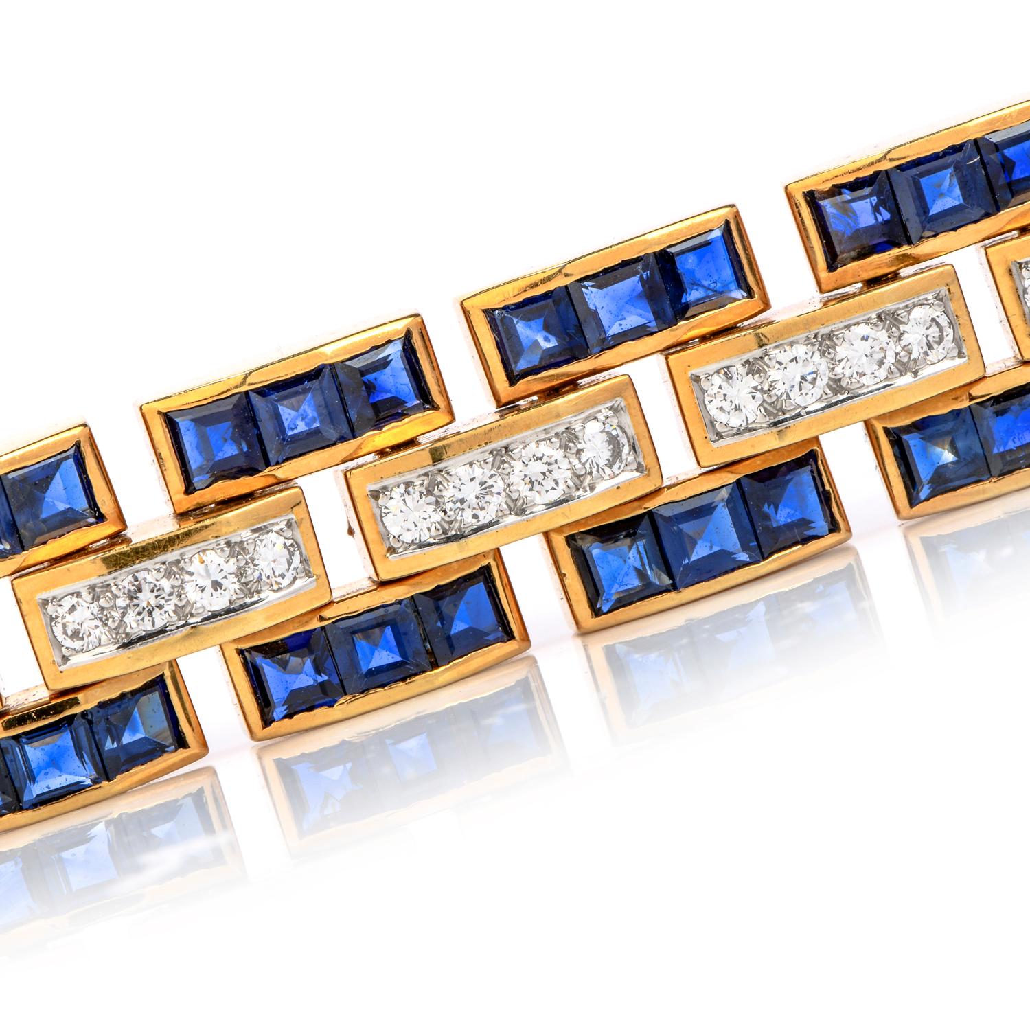 Modern 1980s Diamond Sapphire 18 Karat Gold Wide Panther Link Bracelet