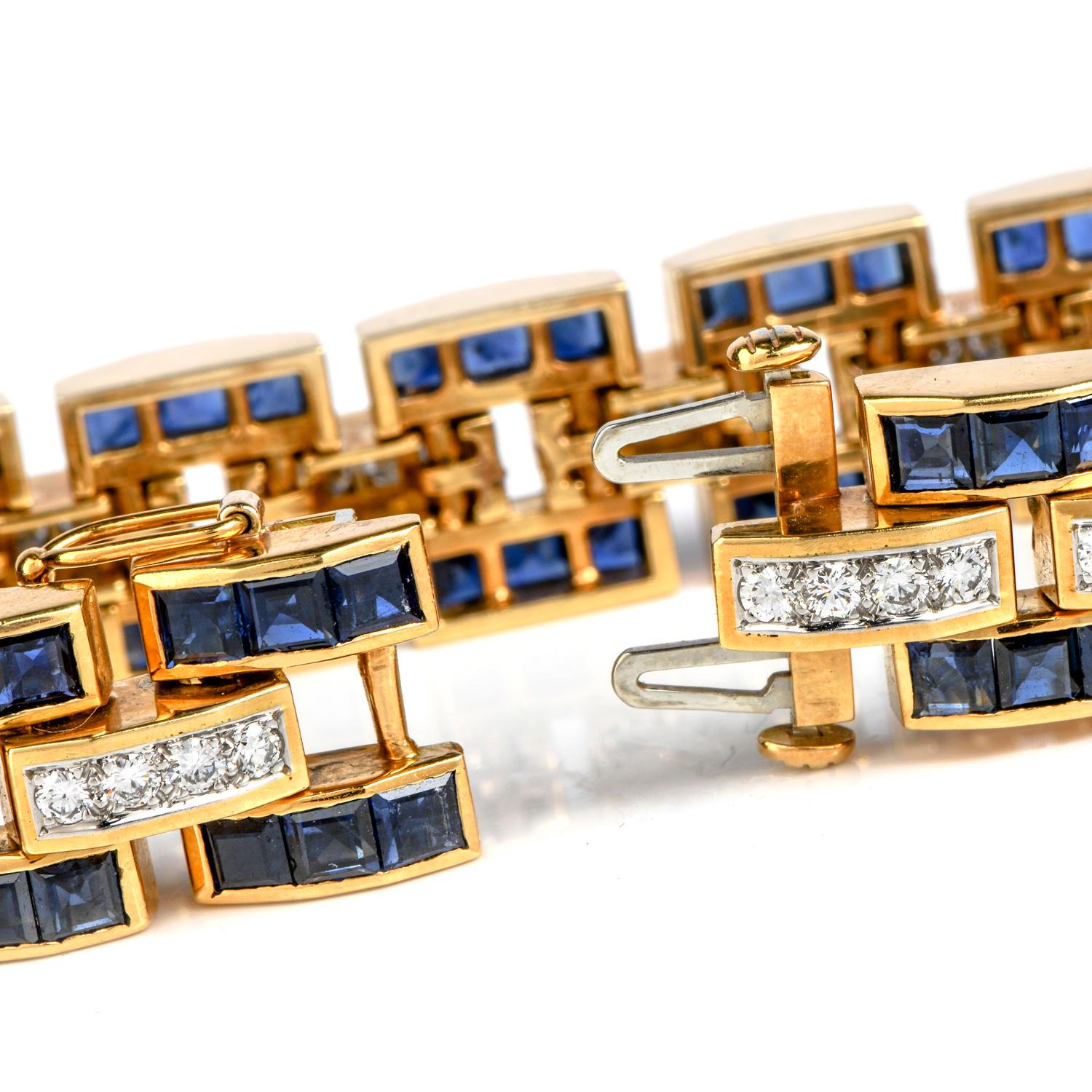 Square Cut 1980s Diamond Sapphire 18 Karat Gold Wide Panther Link Bracelet