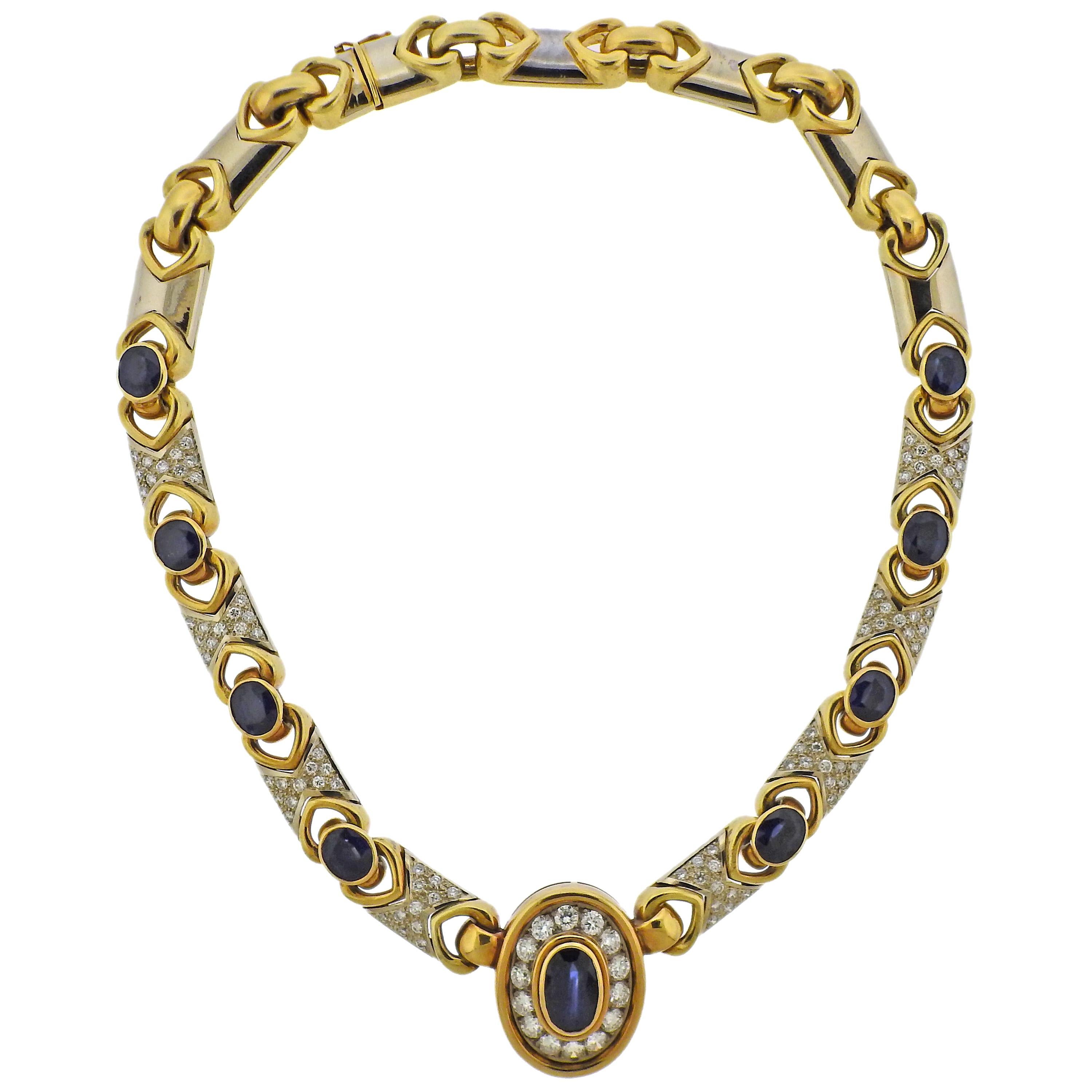 1980s Diamond Sapphire Gold Pendant Necklace For Sale