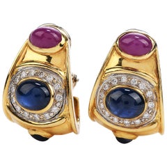 1980s Diamond Sapphire Ruby 18 Karat Gold 1980s Clip-On Earrings