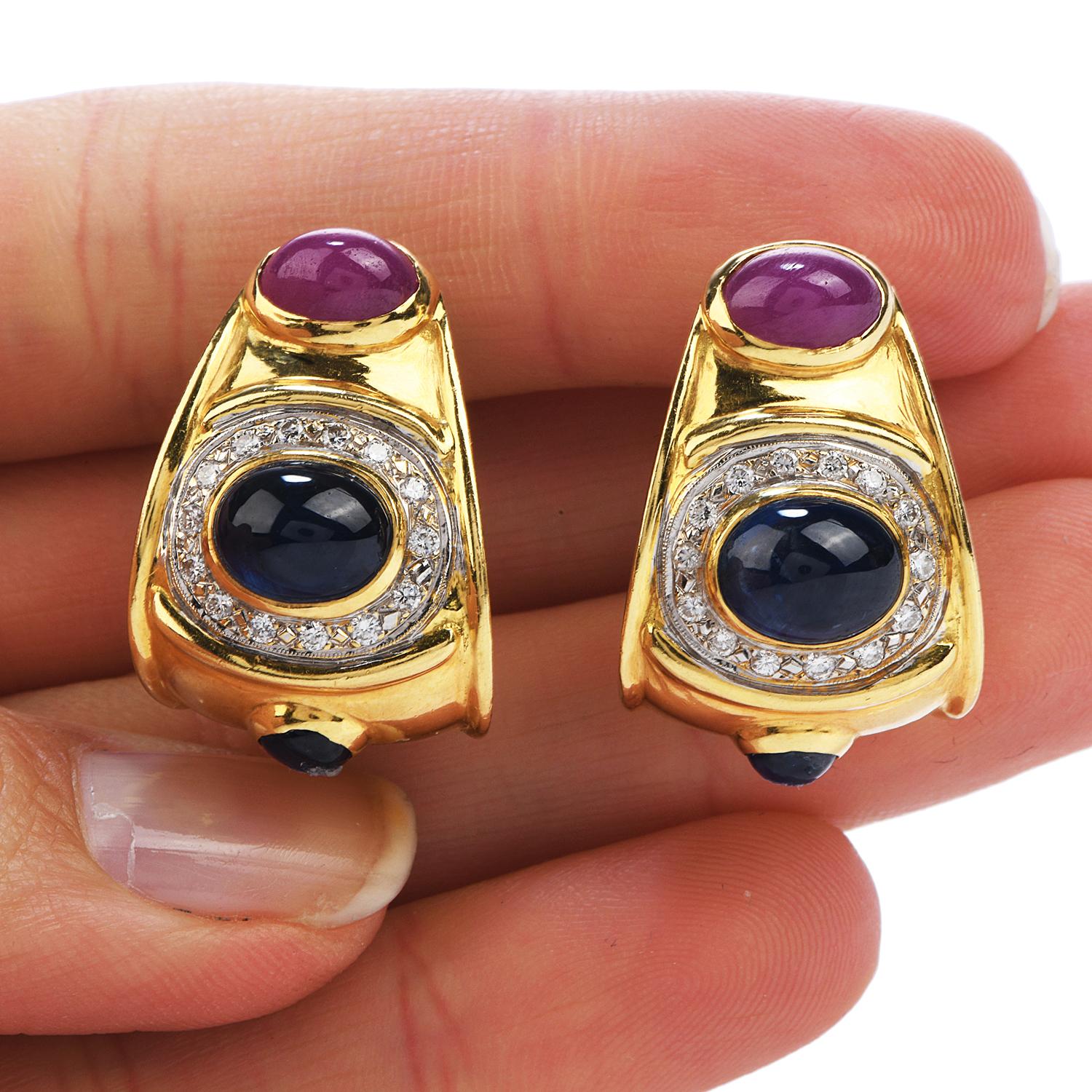 Modern 1980s Diamond Sapphire Ruby 18 Karat Gold 1980s Clip-On Earrings