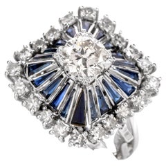 Anello da cocktail in platino con diamante e zaffiro quadrato degli anni '80