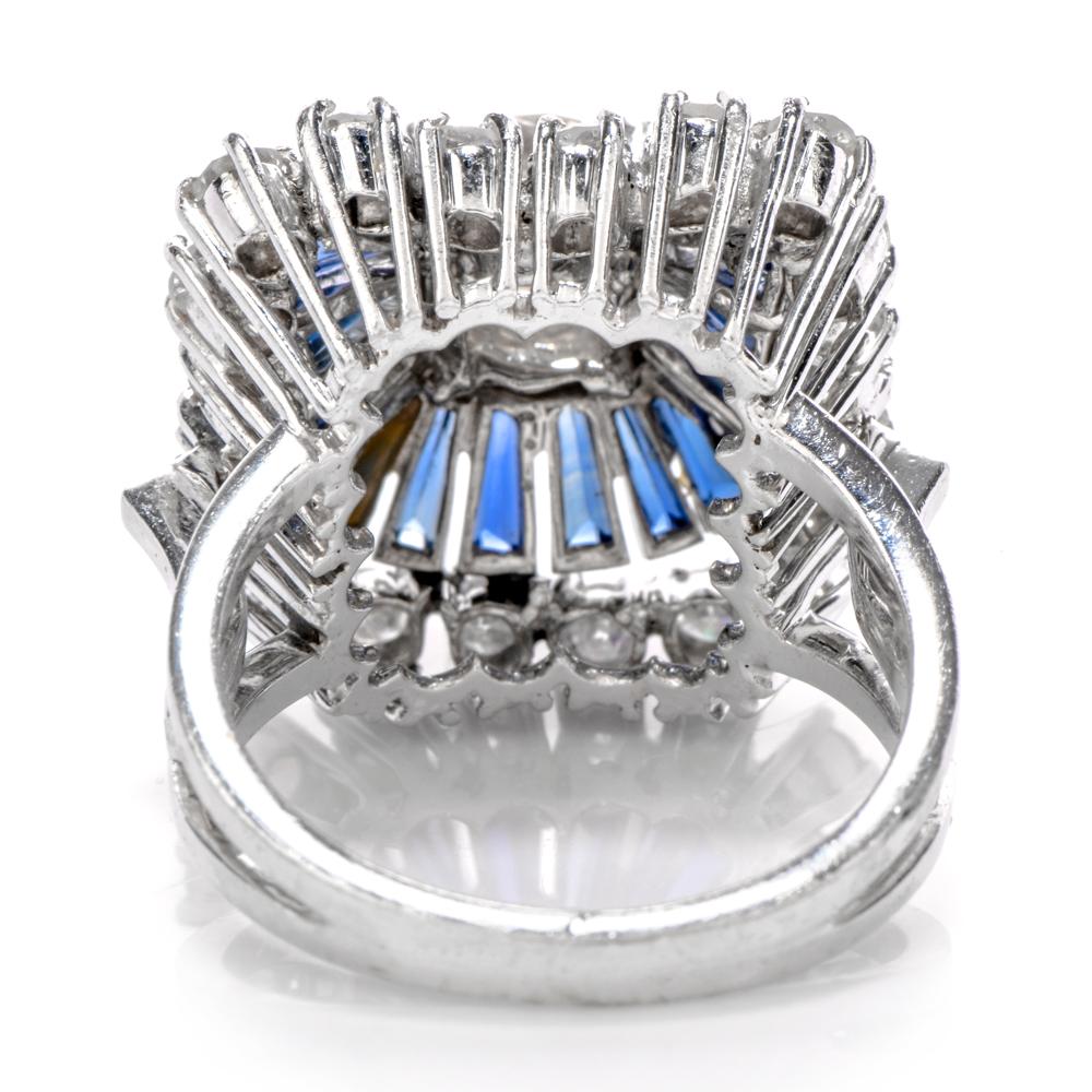 Women's 1980s Diamond Sapphire Square Pinwheel Platinum Cocktail Ring For Sale