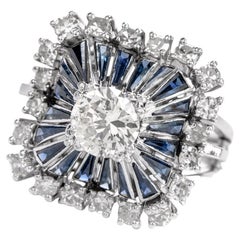 Retro 1980s Diamond Sapphire Square Pinwheel Platinum Cocktail Ring