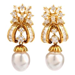 1980s Diamond South Sea Pearl 18 Karat Yellow Gold Drop Earrings