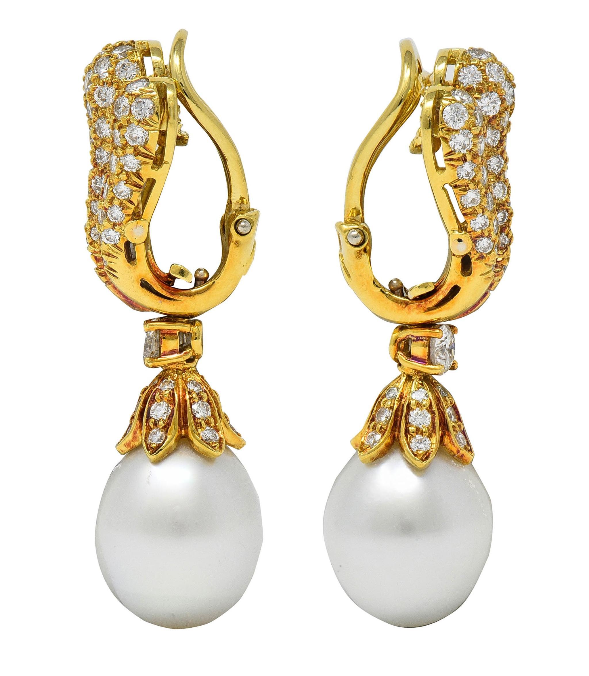Brilliant Cut 1980's Diamond South Sea Pearl 18K Gold Vintage Fanning Drop Earrings