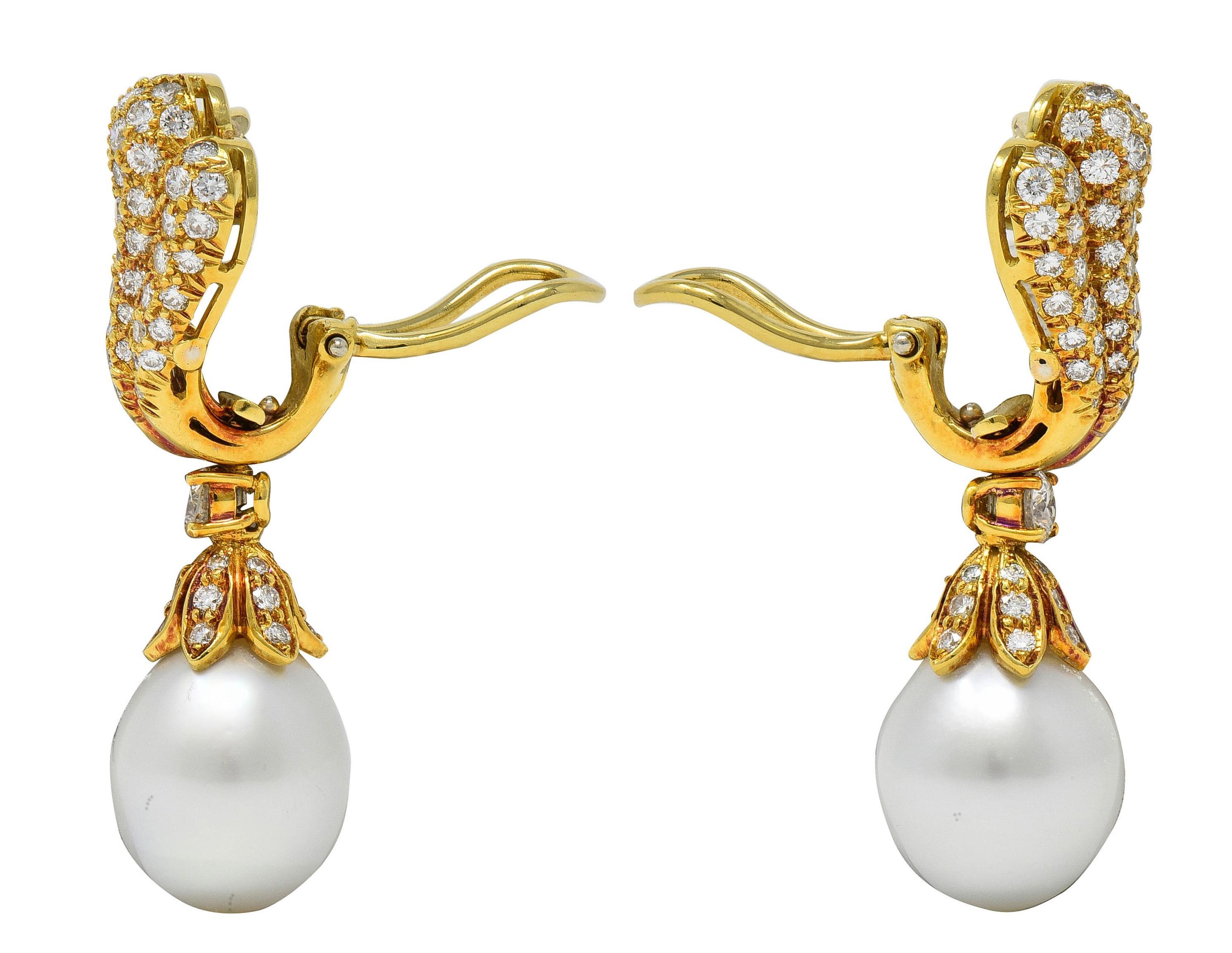 1980's Diamond South Sea Pearl 18K Gold Vintage Fanning Drop Earrings 1