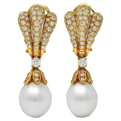 Pendientes Gota Abanico Vintage Oro 18K Diamantes Perla del Mar del Sur Años 80