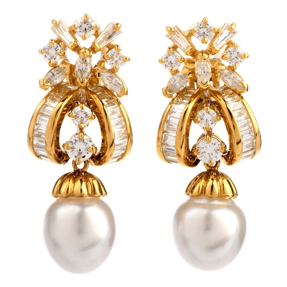 1980s Diamond South Sea Pearl 18 Karat Yellow Gold Drop Earrings at 1stDibs