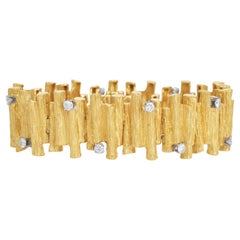 Bracelet en or 18K avec diamants et bambous texturés des années 1980