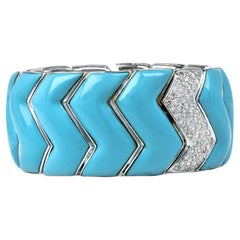 1980s Diamond Turquoise 18K White Gold Braided Bangle Bracelet