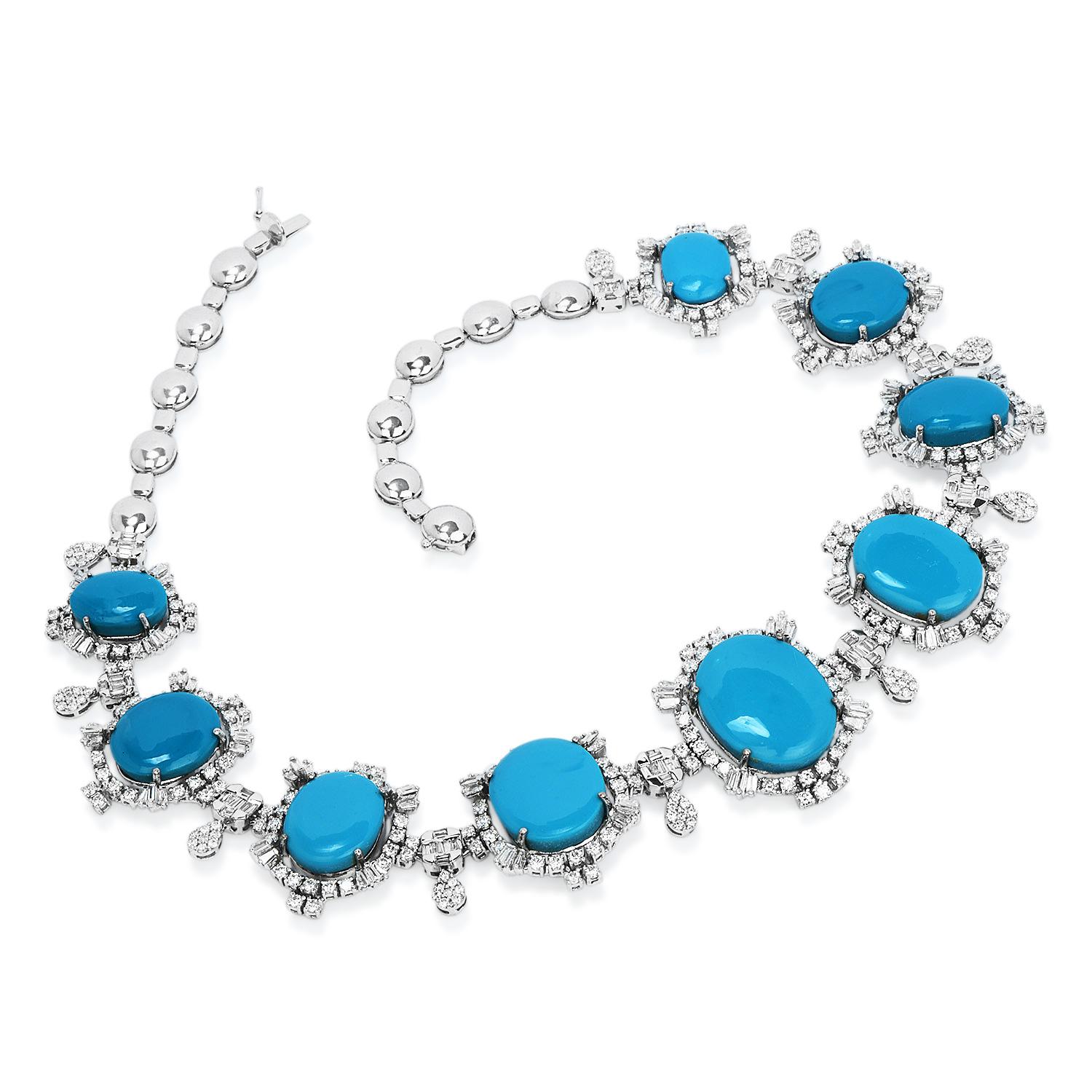 Turquoise is one of the most known gemstones in all cultures across the globe, 

presenting this high quality graduated link Diamond & Turquoise necklace, that will enhance the beauty and inspire calm and good luck to its wearer.

Crafted in solid