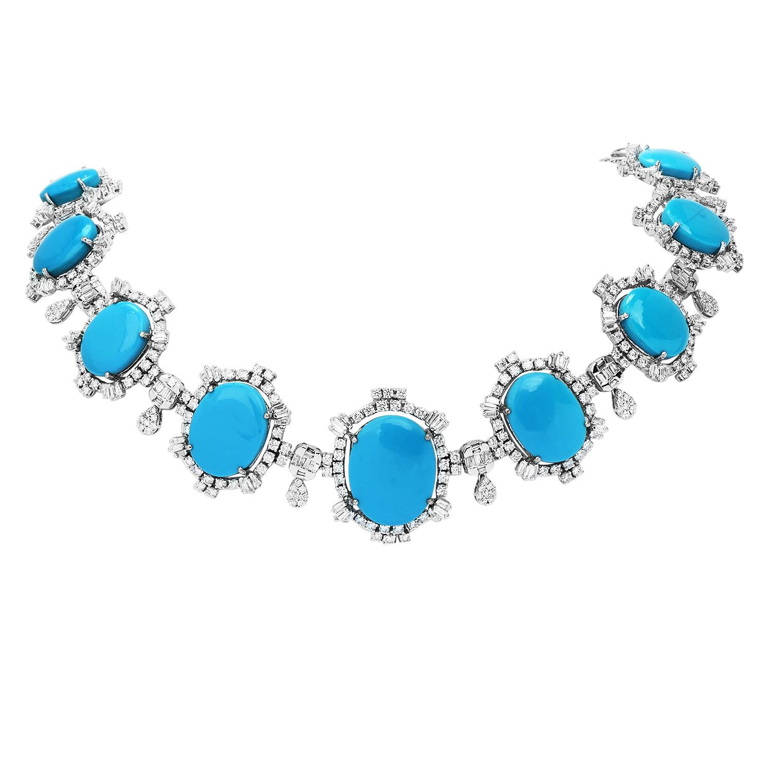 Women's 1980s Diamond Turquoise 18K White Gold Graduated Halo Link Choker Necklace