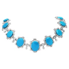 Vintage 1980s Diamond Turquoise 18K White Gold Graduated Halo Link Choker Necklace