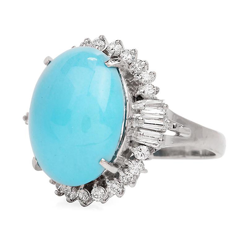 Dieser schöne Vintage-Diamant  Türkis Platin Oval Halo Ring!   

Gewicht ca. 8,02 Karat Oval Shaped Cabochon Türkis, sichere Kralle Zacken.  Um den Türkis in der Mitte sind etwa 38 echte Diamanten im Baguette- und Rundschliff mit 0,72 Karat, Farbe