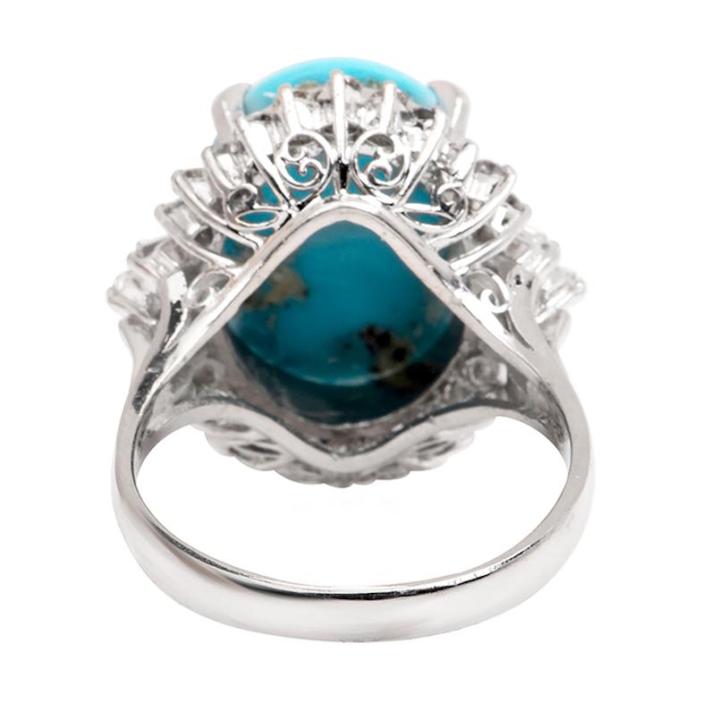 1980er Jahre Ovaler Halo-Ring mit Diamant und Türkis aus Platin (Retro)