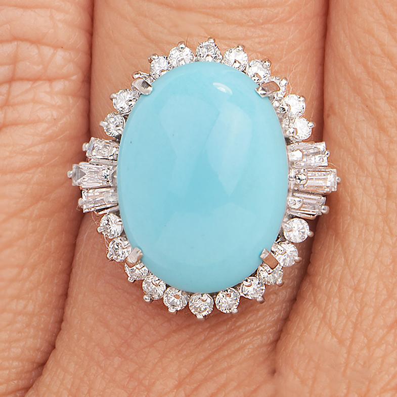 1980er Jahre Ovaler Halo-Ring mit Diamant und Türkis aus Platin (Cabochon)