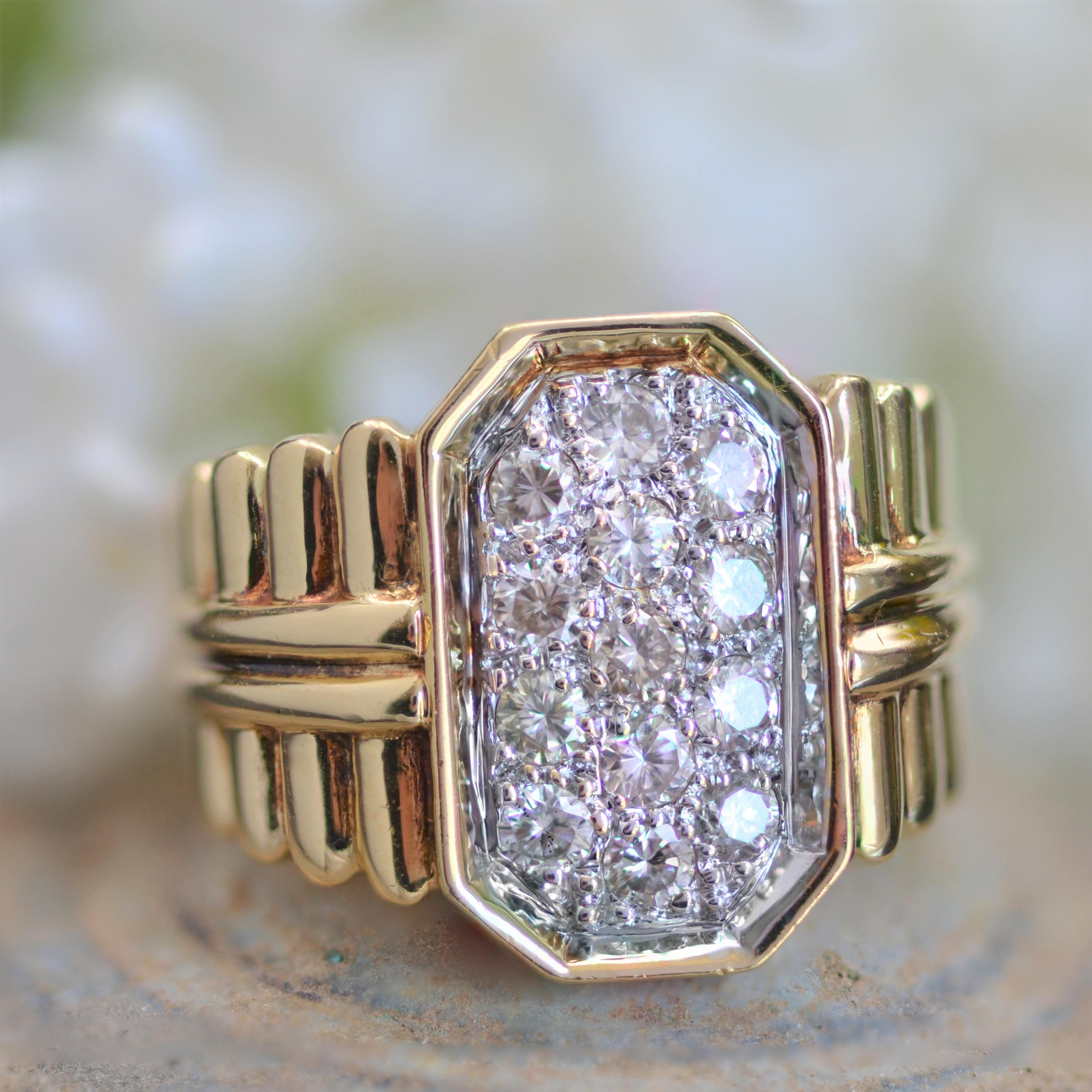 Gadrooned Retro-Ring aus 18 Karat Gelbgold mit Diamanten, 1980er Jahre (Brillantschliff) im Angebot