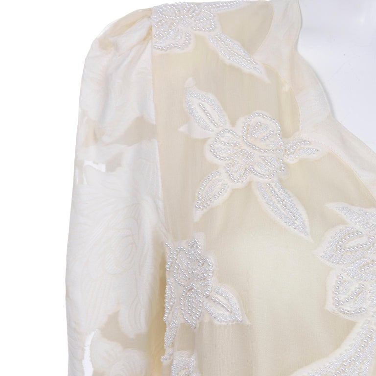 1980s Diane Freis Beaded Ivory Silk Floral Vintage Dress W Sash or Scarf For Sale 5