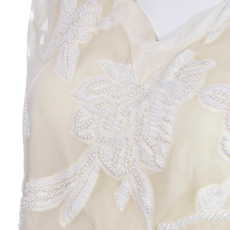 1980s Diane Freis Beaded Ivory Silk Floral Vintage Dress W Sash or Scarf For Sale 6
