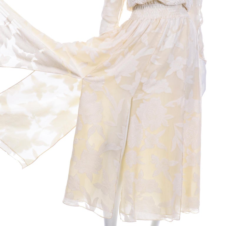 1980s Diane Freis Beaded Ivory Silk Floral Vintage Dress W Sash or Scarf For Sale 9