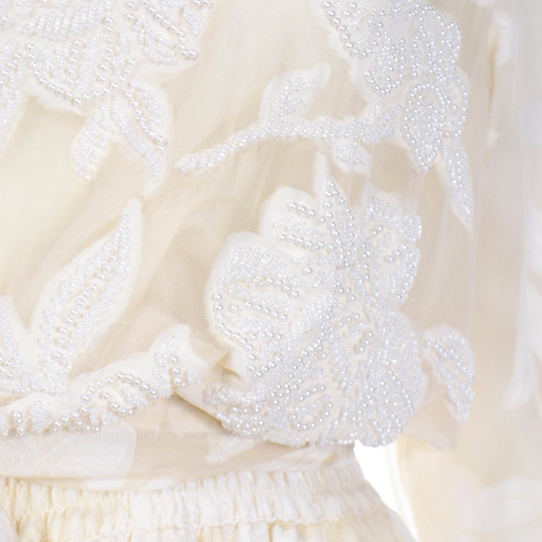 1980s Diane Freis Beaded Ivory Silk Floral Vintage Dress W Sash or Scarf For Sale 12