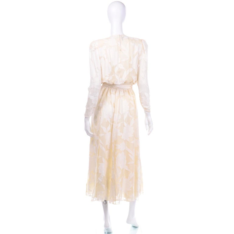 Women's 1980s Diane Freis Beaded Ivory Silk Floral Vintage Dress W Sash or Scarf For Sale