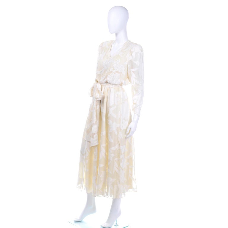 1980s Diane Freis Beaded Ivory Silk Floral Vintage Dress W Sash or Scarf For Sale 1