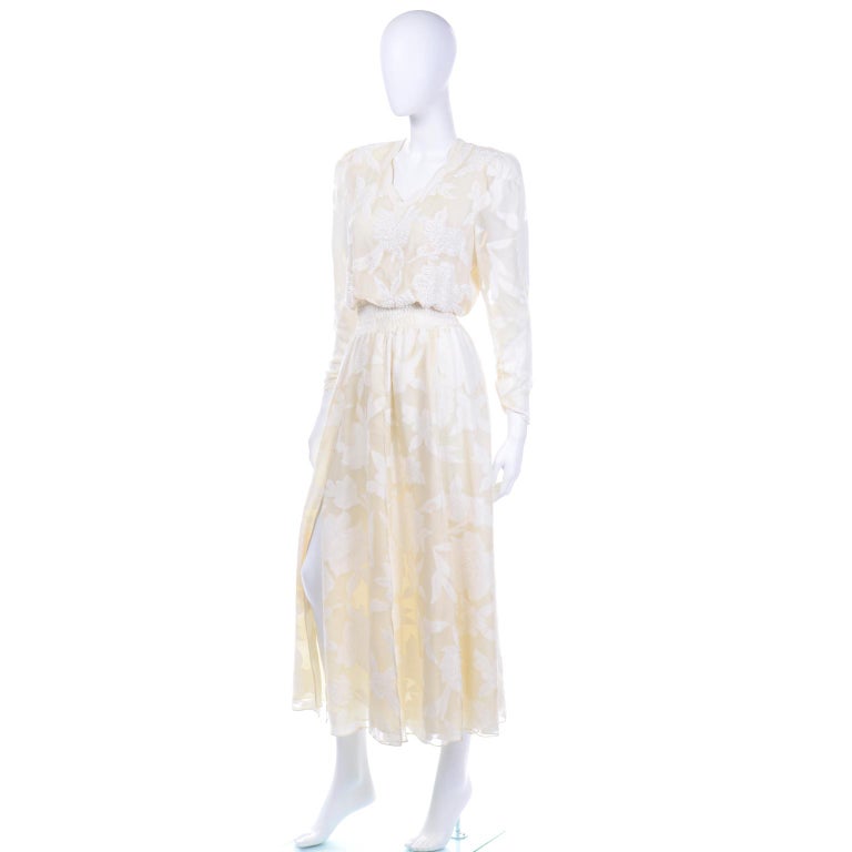 1980s Diane Freis Beaded Ivory Silk Floral Vintage Dress W Sash or Scarf For Sale 2