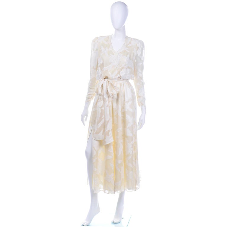 1980s Diane Freis Beaded Ivory Silk Floral Vintage Dress W Sash or Scarf For Sale 3
