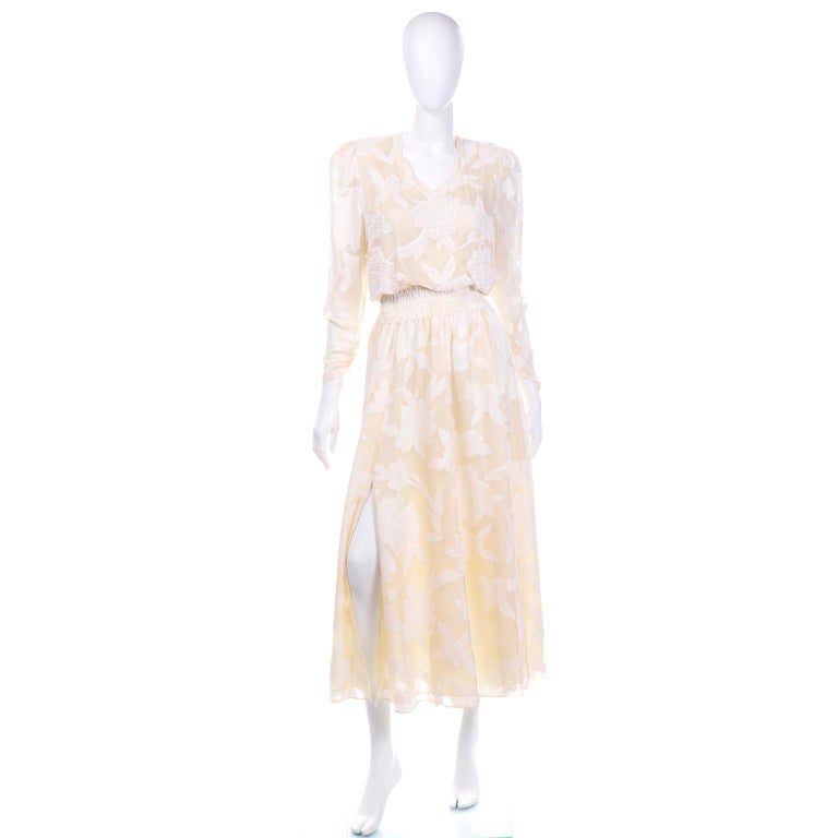 1980s Diane Freis Beaded Ivory Silk Floral Vintage Dress W Sash or Scarf For Sale 4