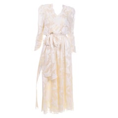 1980s Diane Freis Beaded Ivory Silk Floral Vintage Dress W Sash or Scarf