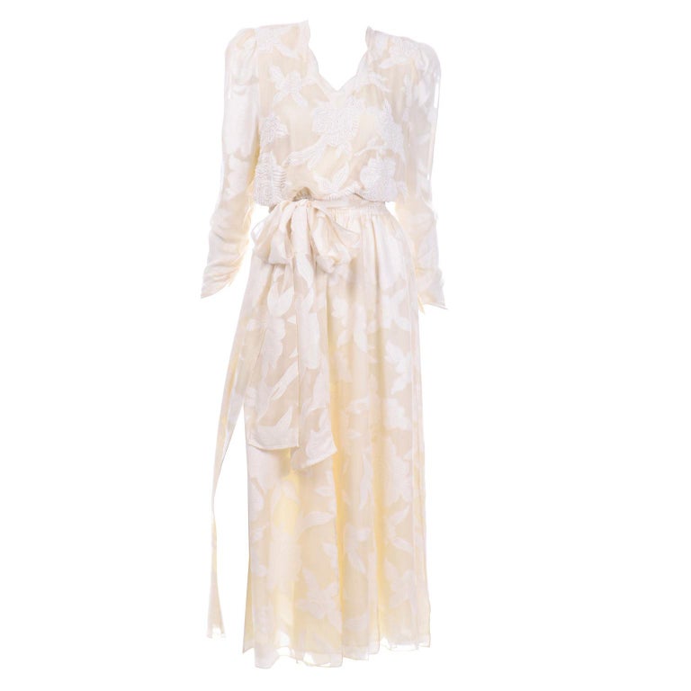 1980s Diane Freis Beaded Ivory Silk Floral Vintage Dress W Sash or Scarf For Sale