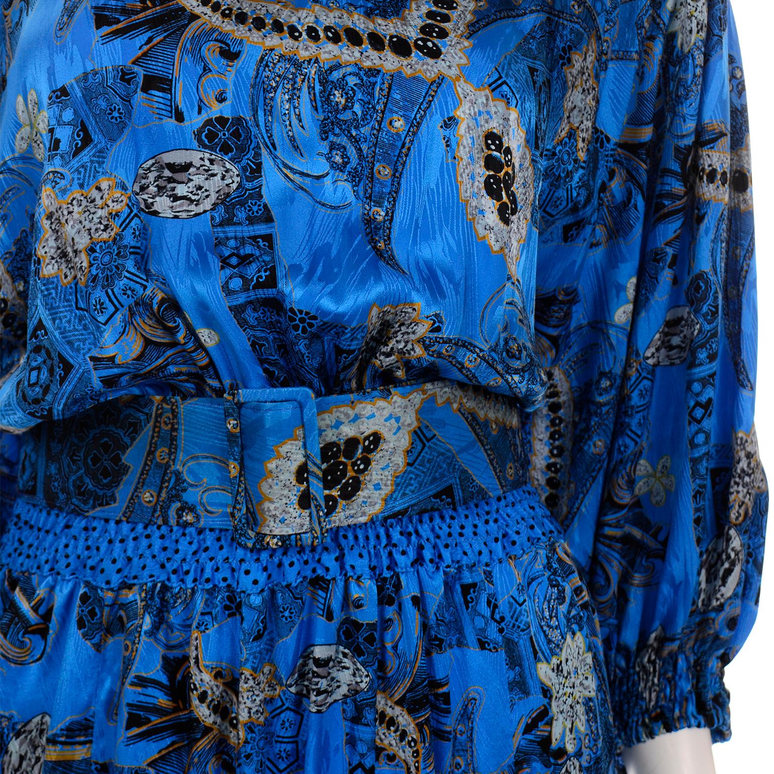 1980s Diane Freis Blue Silk Vintage Dress With Belt In Excellent Condition In Portland, OR
