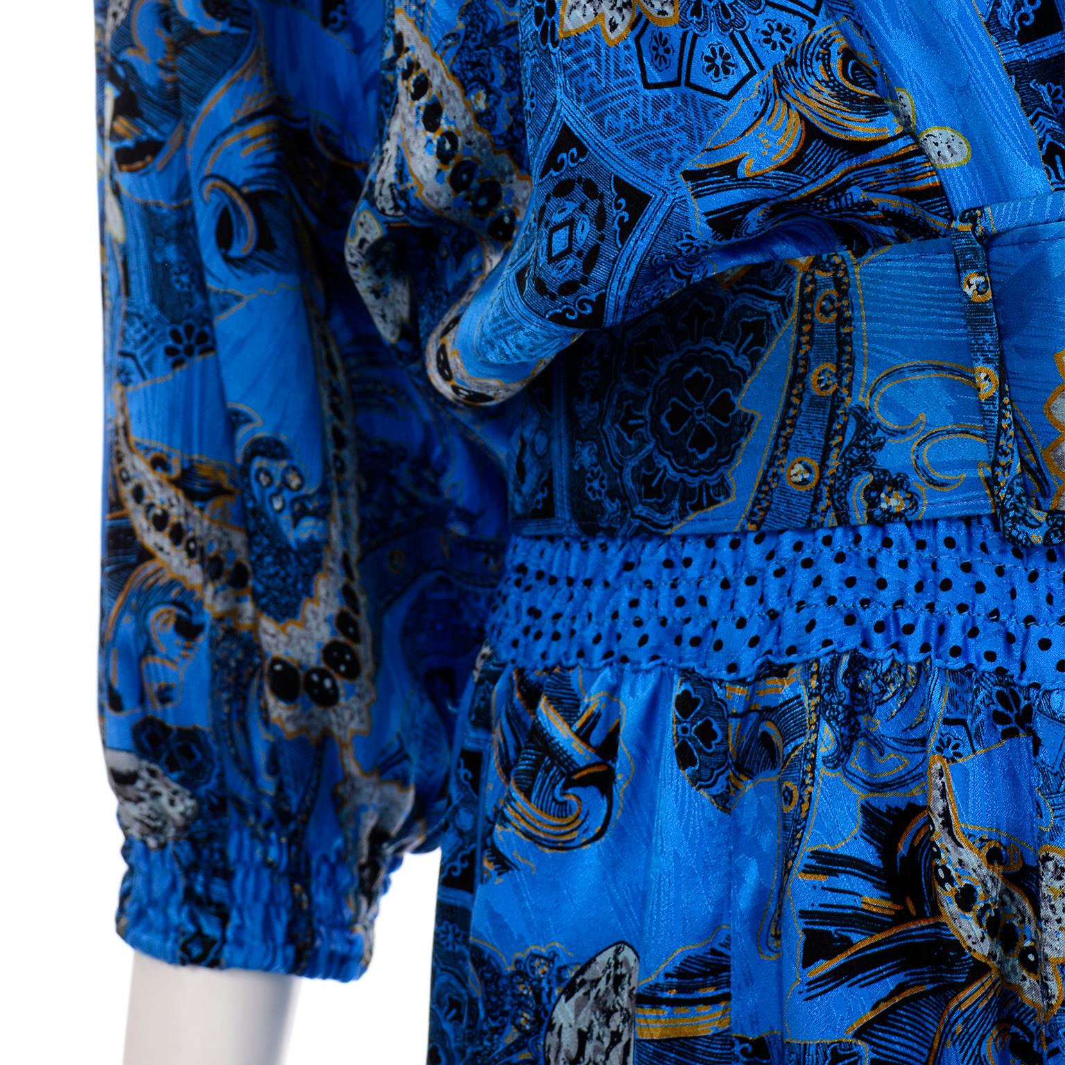 Women's 1980s Diane Freis Blue Silk Vintage Dress With Belt