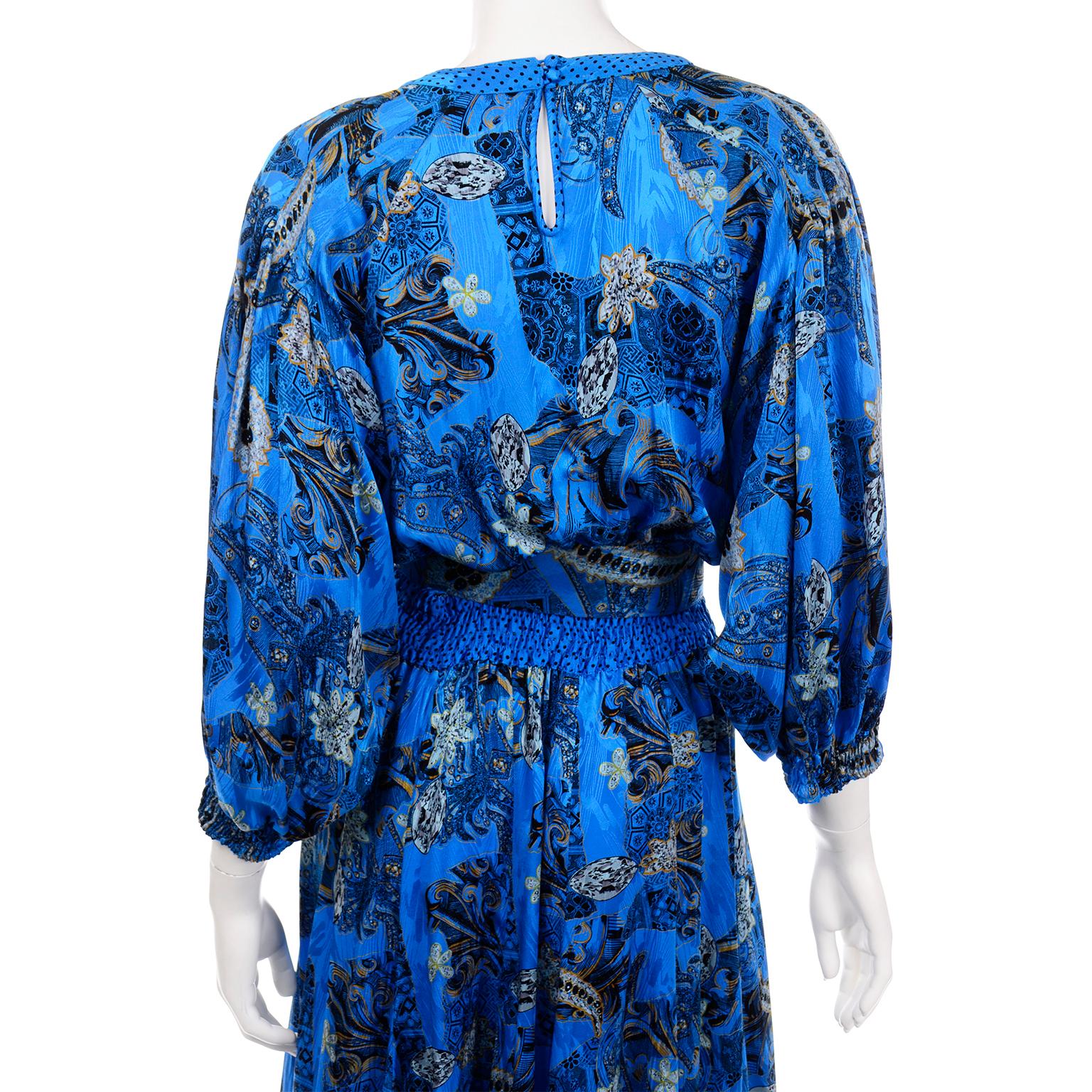 1980s Diane Freis Blue Silk Vintage Dress With Belt 1