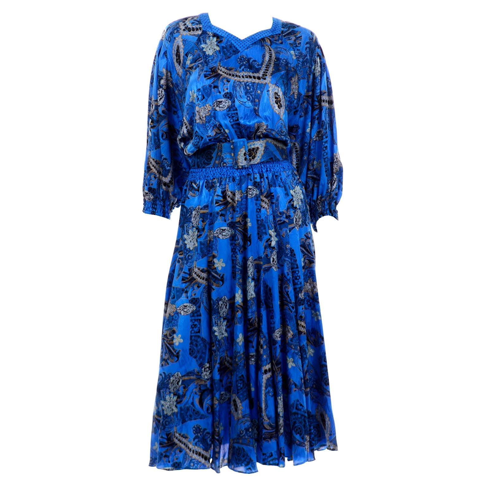 1980s Diane Freis Blue Silk Vintage Dress With Belt