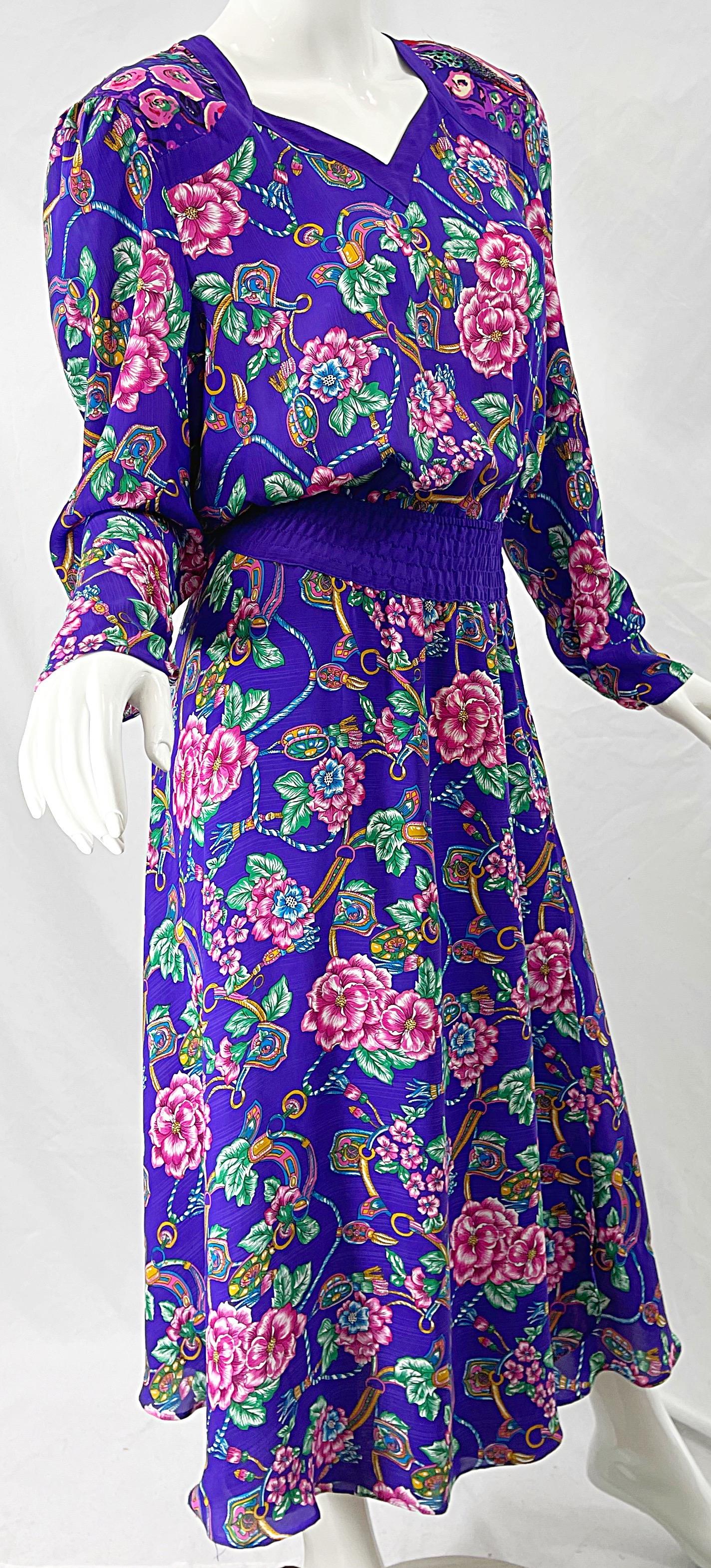 1980s Diane Freis Purple Regal Flowers and Jewels Printed Long Sleeve 80s Dress For Sale 3